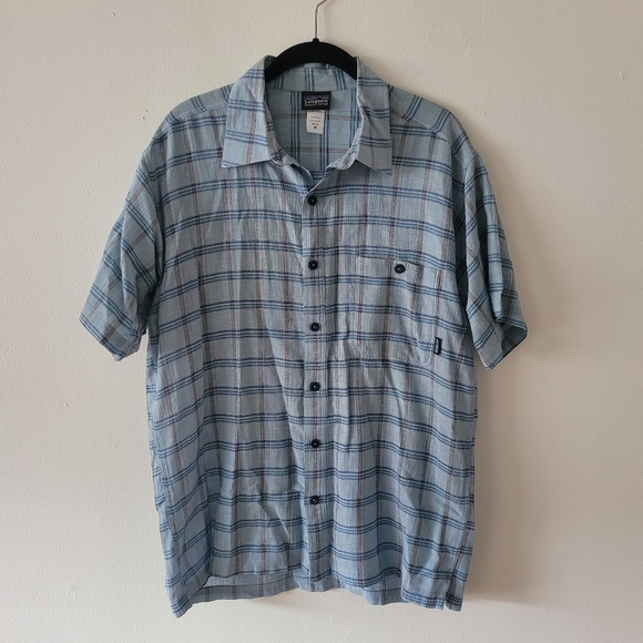 Patagonia Vintage Mens Organic Cotton Short Sleeve Button Up Blue Plaid Medium - Picture 1 of 7